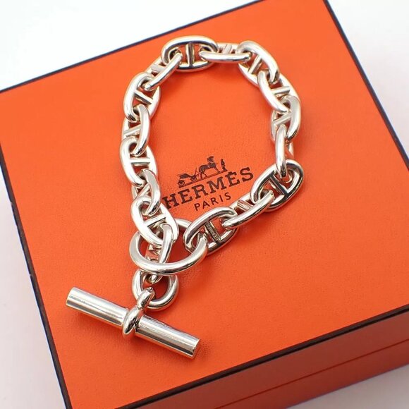 HERMES Logo Chaine D'ancre MM Chain Bracelet 16 Link Silver Ag925 375LC532 - Picture 1 of 11